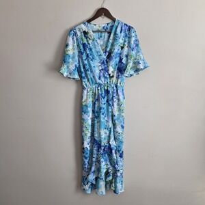 Floral Chiffon Faux Wrap Dress Womens L Feminine Wedding Springtime Church